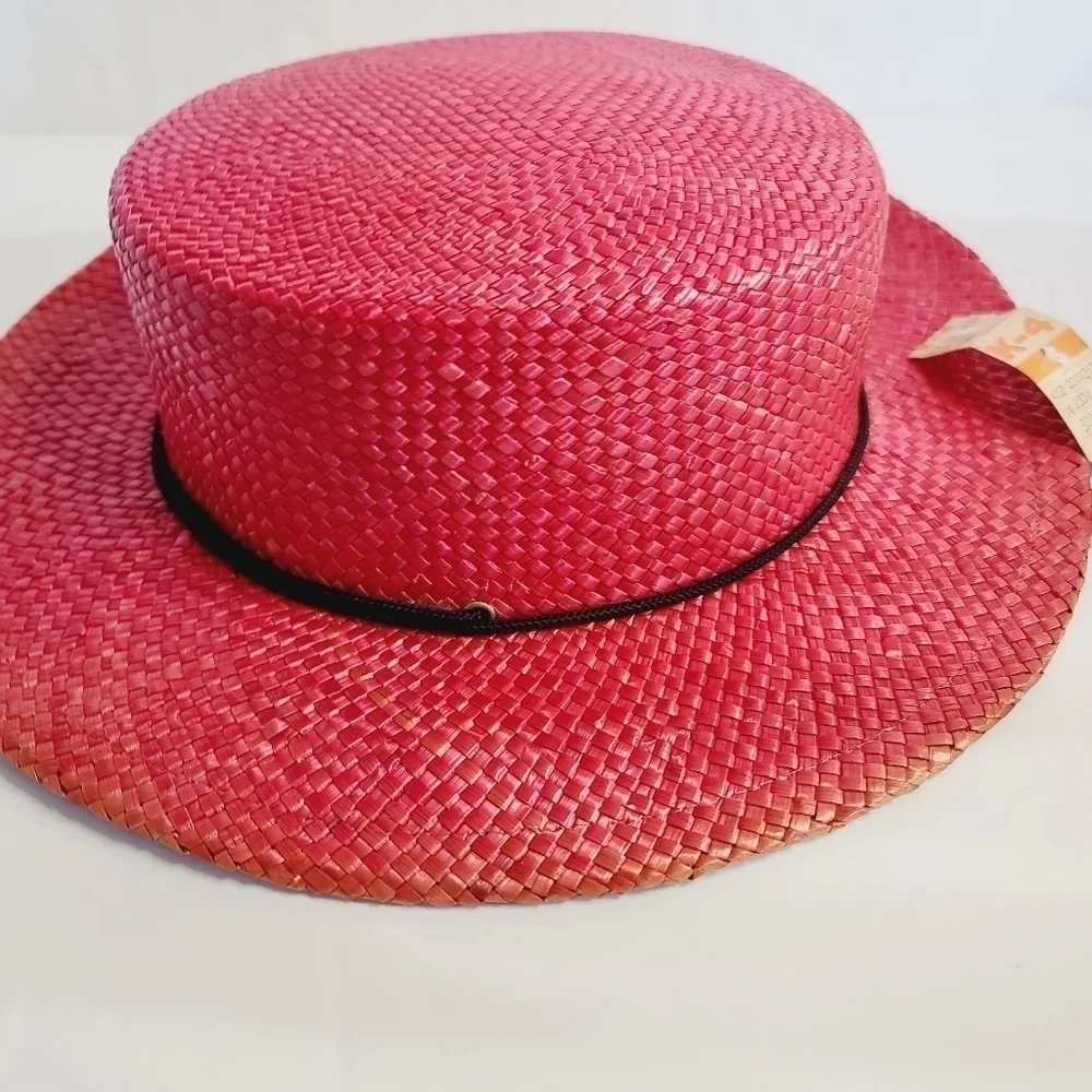 Vintage 90s Red Straw Brim Beach Summer Hat - Picture 4 of 11